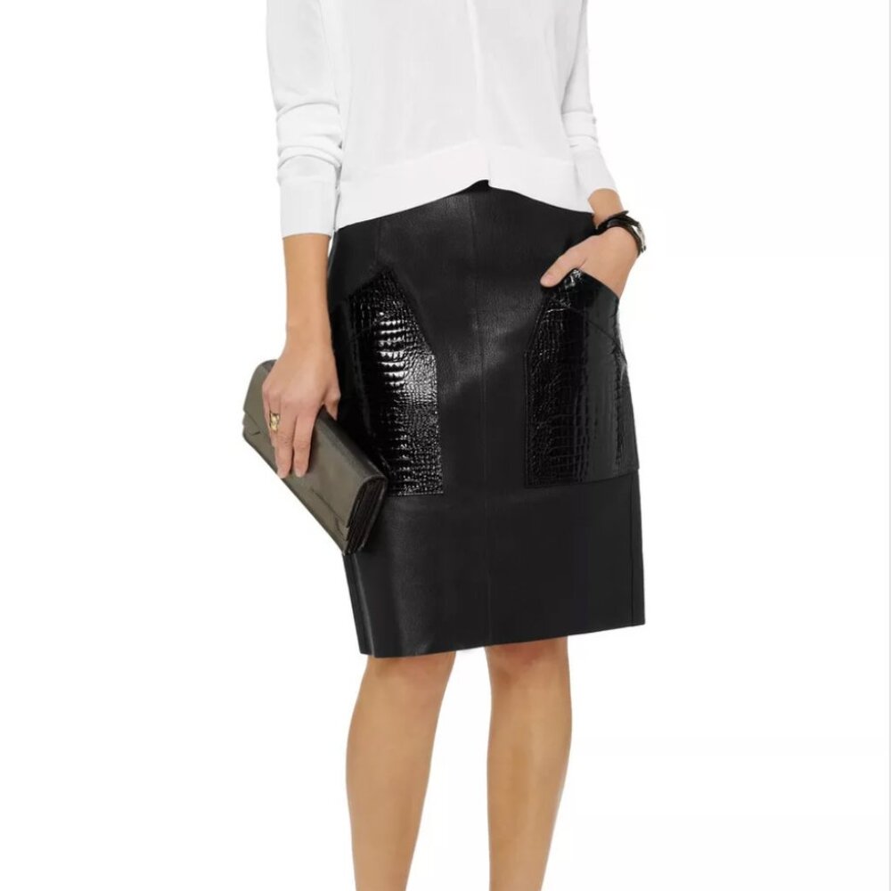 Alexander Wang Black Leather Pencil Skirt Croc Oversized Pockets